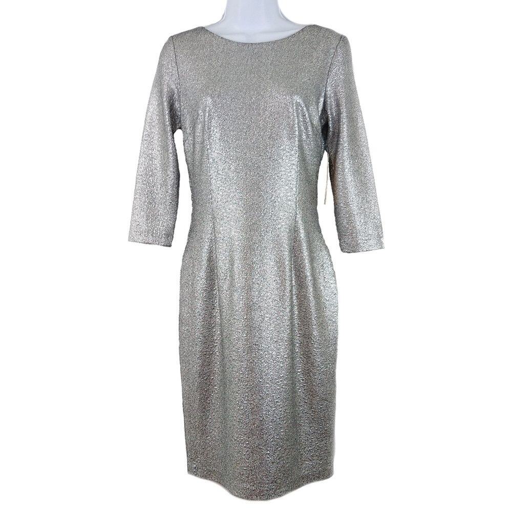 Womens Short Silver Sheath Dress Size Small 3/4 Sleeve Round Neck Gibson Latimer